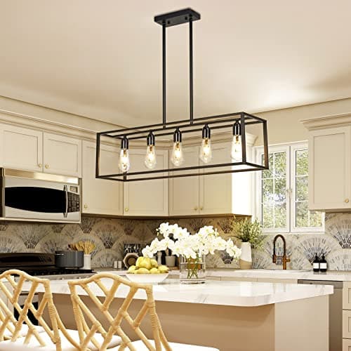 Image of LUVODI 5- Light Ceiling Chandelier Light: Industrial Pendant Lighting Fixtures Black Frame Hanging Lights for Farmhouse Dining Room Kitchen Island Foyer Living Room Pool Table Light