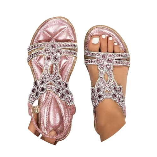 Image of Gold Flat Sandals for Women Wide Fit Bohemian Wedge Sandal Lightweight Summer Elastic Ankle Strap Beading Walking Shoes Comfortable Open Toe Slingback Orthopedic SandalsWalking Shoes for Women Uk