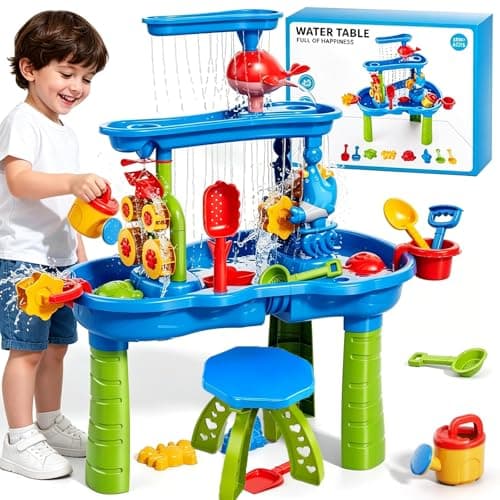 Image of Vutlace Water Table Tray for Children, Sand and Play Table for Toddlers, Kids 3-Tier Water Sensory Activity Table for Beach Toy, Removable Summer Gardern Toy Outdoor for Toddlers Age 3-5 with Stool