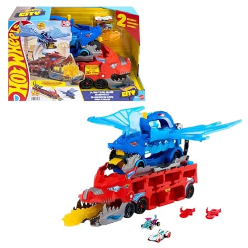 Image of Hot Wheels City Toy Car Track Set, Ultimate Dual Dragon Transporter & 2 Die-Cast Cars, Large-Scale Dragon & Detachable Dragon, Stores 20+ Vehicles, JKJ79