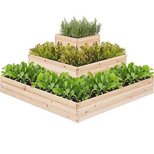 Image of Yaheetech 1PC Wooden 3 Tiers Raised Bed, Divisible Planting Planter Box for Flowers/Vegetables/Herbs, Garden Raised Bed in Backyard/Patio Outdoor, 113cm×113cm×52cm, Natural Wood