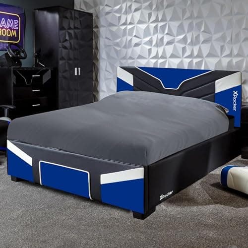 Image of X-Rocker Cerberus Gaming Bed, 4ft6 Double Bedstead Frame, Wooden Slats, PU Faux Leather Upholstered Headboard, Low Footboard, Ideal for Teens, Kids, Blue Black White - 135x190cm Mattress Included