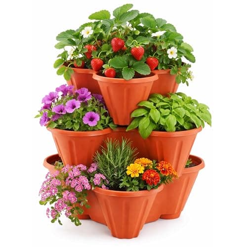 Image of ADEPTNA Pack of 3 Stackable Trio Strawberry Planter Pots Terracotta Durable Plastic Herb Flower Bedding Plant Container Weather-Resistant Vertical Garden Design Perfect Indoor Outdoor
