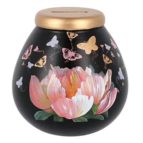 Image of Pot of Dreams Lux Noir Lotus Flower & Multicolour Butterfly Save And Smash Handcrafted Black Ceramic Money Box Piggy Bank | Perfect Decorative Gift for Centrepiece living room & Bedroom