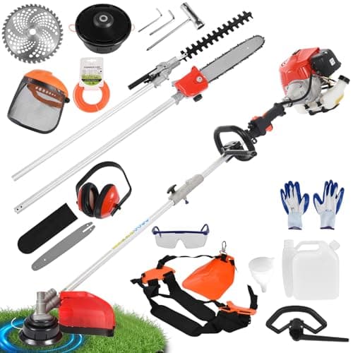 Image of Petrol Strimmer Cordless,52cc 2 Stroke Gas Weed Wacker, 5 in 1 Trimming Tools,Gas Hedge Trimmer,String Trimmer,Weed Eater,Brush Cutter,Pole Chainsaw with Extension Pole 9500rpm 2.3kw (Red 5 in 1)