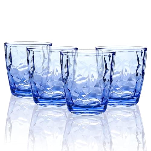 Image of Topsky 10 oz Plastic Water Tumblers | Set of 4 Transparent Unbreakable Drinking Glasses Clear Acrylic Reusable Juice Wine Cups for Home Picnic Party, Dishwasher Safe, Stackable (Blue)