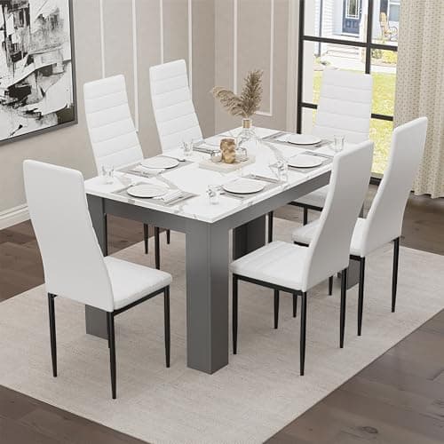 Image of Blisswood Dining Table Set, Dining Table And Chair Set, Pu Leather Dining Room Chairs and 17mm Thick Table Top Long Modern Dining Table Set (White Marble/Grey Dining Table and 6 White Chairs)