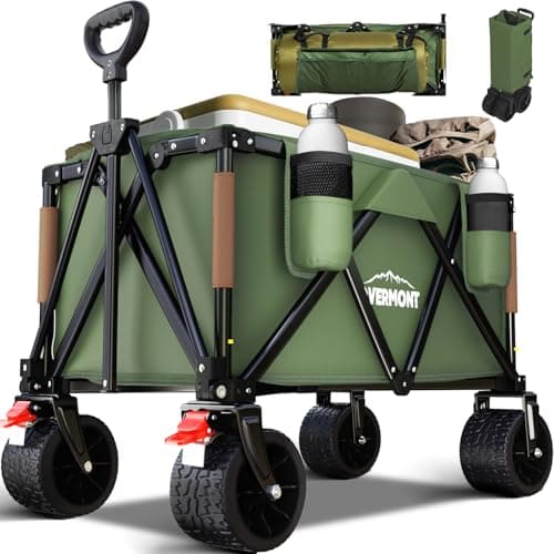 Image of Overmont 150kg Festival Camping Trolley on Wheels - Heavy Duty Folding Beach Wagon Cart with Extra Wide Wheels, Adjustable Handle, Portable for Outdoor, Garden, Shopping, Fishing - Green
