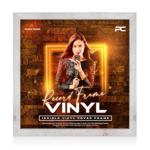 Image of Procut Global 12X12" White Rustic Vinyl Record Frame for LP Album Covers - Display Photo & Picture Frames - Engineered Wood, Shatterproof Perspex Front - Modern CD Display for Music Lovers