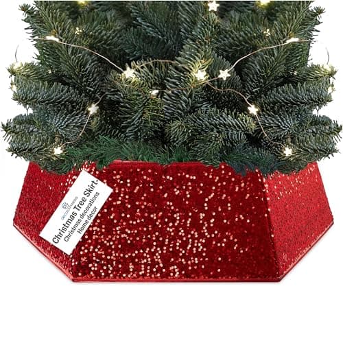 Image of DECO EXPRESS Christmas Tree Skirt, Sequin Tree Base Cover, Sparkly Collar for Christmas Decorations, Festive Decor for Xmas Party, 68 x 25cm (Red Sequin)