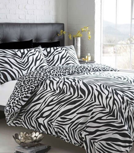 Image of BLACK & WHITE ZEBRA PRINT WITH LEOPARD REVERSE - KING SIZE DUVET QUILT COVER BED SET