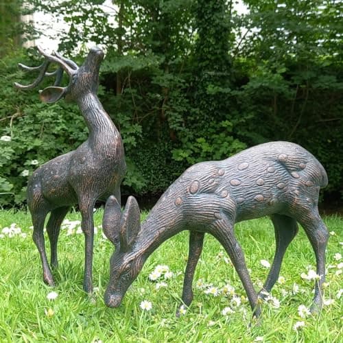 Image of F&G Supplies 52cm Stag and Doe deer set Sculpture Garden Ornament made from cast aluminium with Bronze patina finish- ideal for your garden or home!