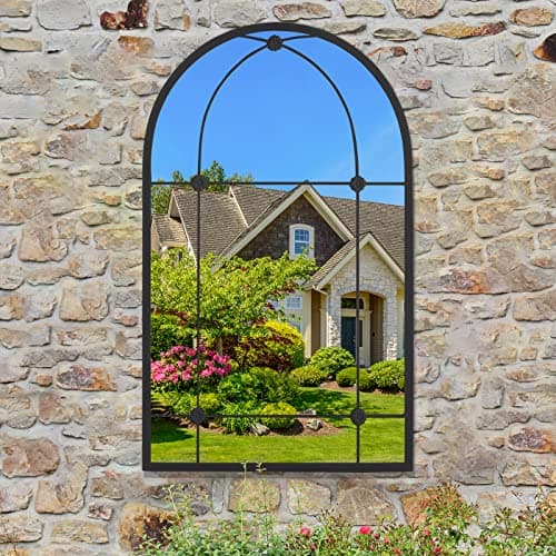 Image of Warmiehomy Large Garden Outdoor Mirror Arched Window Wall Mirror with Metal Frame for Courtyard,Living Room,Hallway (Black, 60x100cm)