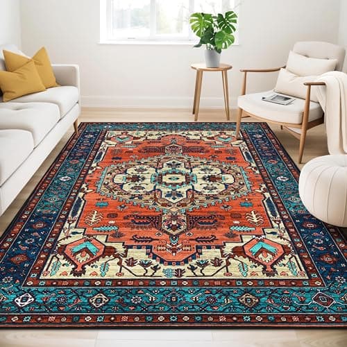 Image of Guchuang Washable Rugs Living Room Area Rugs Terracotta Vintage Boho Large Non Slip Carpet Traditional Oriental Rugs Short Pile for Bedroom Dining Room Kitchen Soft Faux Wool Rug 160x230cm