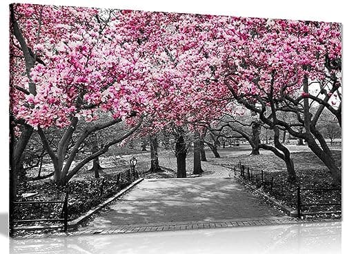 Image of Panther Print, Canvas Wall Art, Pictures for Living Room and Bedroom, Black & White, Pink Blossoms Framed Prints for Walls, Print for Special Occasions (12x8 Inch)