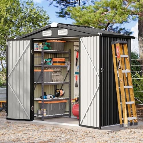 Image of Aoxun Garden Sheds 6x4ft, Metal Shed Bike Tool Shed, Sheds and Outdoor Storage with Lockable Doors & Slooping for Backyard, Patio, Poolside,Black