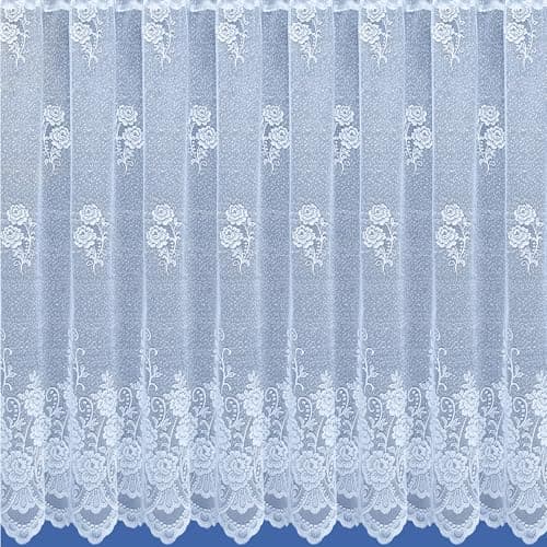 Image of 3 Metres Wide x 54" (137cm) Drop - Penelope White Floral Rose Lace Net Curtain With Vintage Traditional Heavy Floral Base Design And Scalloped Hem By Kellys Soft Furnishings