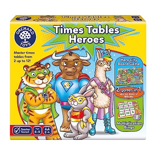 Image of Moose Games Orchard Toys Times Tables Heroes. an exciting Multiplication Game, Superhero Play. for Ages 6-9 and for 2-4 Players, Multicolor, 91032