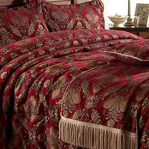 Image of Paoletti Shiraz Throw Bed Runner - Burgundy Red and Gold - Embroidered Damask Jacquard - Gold Twisted Loop Fringing - Non-Slip Lining - 100% Polyester - 130 x 170cm (51" x 67" inches) - Made by Riva
