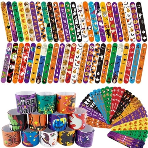 Image of FODYNE 100Pcs Halloween Slap Bracelet, Slap Bands with Spider Pumpkin Ghost Zombie Bat Witches Design Snap Wristbands for Kids Party Favors Toys Prizes Goodie Bags Fillers