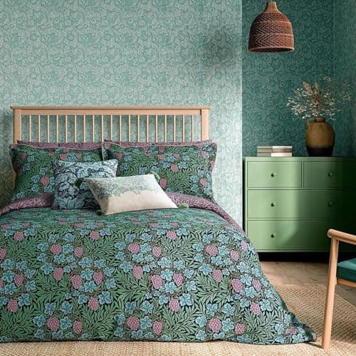 Image of Morris & Co William Morris Vine Bedding in Teal & LilacBedding: Duvet Cover & 1 Oxford Pillowcase Set, Single 140x200cm