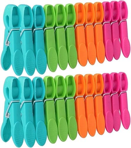 Image of Clothes Pegs for Washing Line, 24 Pack Non Slip Washing Pegs Strong with Strong Spring Plastic Laundry Pegs Washing Clothes Clip, for Garden, Sunbeds Sun Loungers Pool Chairs (4 Colors)