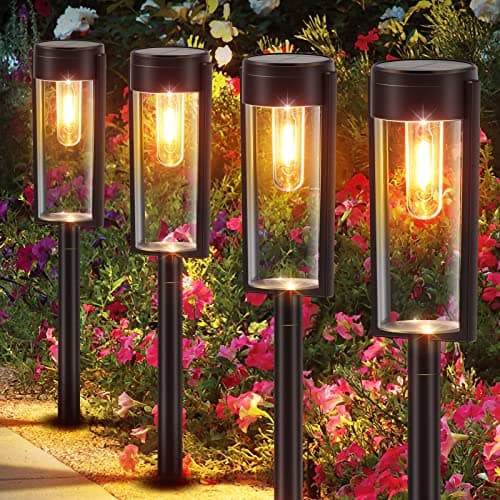 Image of LETMY 4 Pack Garden Lights Solar Powered with Warm White Tungsten Filament Light, Waterproof Auto On/Off Solar Lights Outdoor Garden for Yard Pathway Patio Decorative