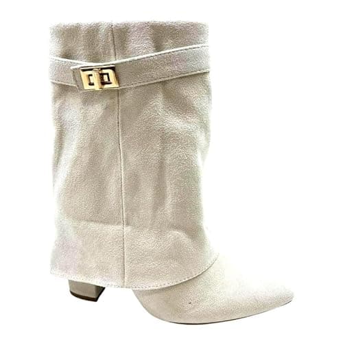 Image of sole london LADIES Women's Ankle Fold Over Buckle Fashion Zip Pointed Block Heel Boots – Stylish Ruched Design – Comfortable Mid-Block Heel – Faux Leather & Faux Suede_BEIGE 5
