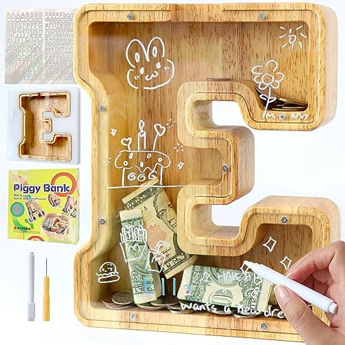Image of Mikytoper Letter Money Box for Kids Large Wooden Personalized A-Z Piggy Bank Clear Alphabet Money Bank Coin Bank for Gift Decoration Baptism (E)