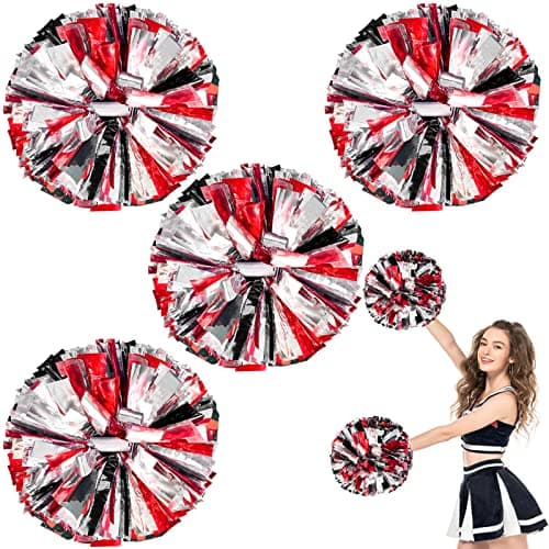 Image of ZONITOK 4 Pcs Metallic Cheerleading Pom Poms, Cheerleader Pompoms with Baton Handle, Cheering Squad Pompoms for Kids Adults School Dance Sports Team Spirit Cheering (Black Red Sliver)