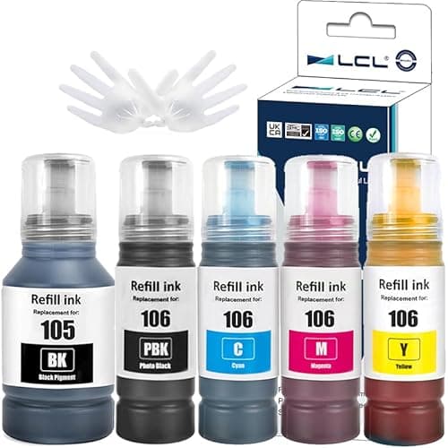 Image of LCL 105 106 High Capacity Ink Bottle Replacement for Epson EcoTank 105 106 Ink Refill Bottle Multipack Compatible with Epson EcoTank L7160 L7180 ET-7700 ET-7750 Printers (5 Pack)