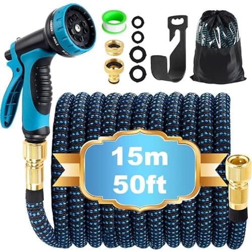 Image of Expandable Garden Hose Pipe 15m 50ft, Hosepipes for Garden Expanding Water Hose with 10 Function Spray Gun, 3/4" 1/2" Connectors, Retractable Flexible Magic Hoses for Gardening Car Washing