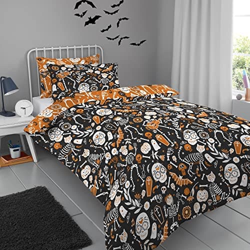 Image of Bedlam - Halloween Day of the Dead Duvet Cover - Double Bedding Size (200 x 200cm) - Reversible (2 Colours) - Glow in the Dark Duvet - Skeletons, Ghosts, Bats & Skulls - Halloween Bedding & Decor