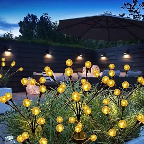 Image of FOMOMDI Firefly Solar Garden Lights, 2 Pack 20 LED Crystal Ball Sway by Wind, Outdoor Fairy Lights for Yard Patio Flower Bed Pathway Wedding Halloween Christmas Holiday Decoration (Warm, 2 Pack)