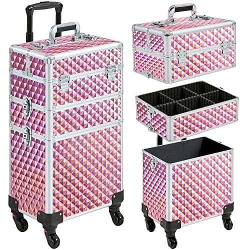 Image of costoffs Rolling Makeup Train Case 3 in 1 Cosmetic Case Professional Makeup Suitcase Large Aluminum Cosmetic Trolley with Swivel Wheels and Key Pink