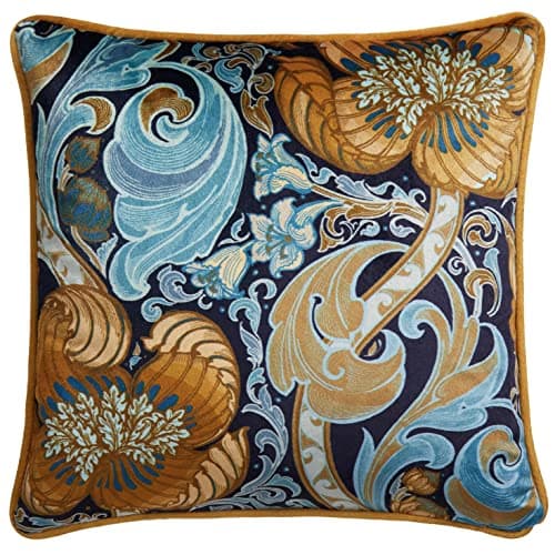 Image of Laurence Llewelyn-Bowen Velvet Cushion – Ochre & Navy Damask Floral Design, 43x43cm – Reversible with Piped Edge – Filled Decorative Cushion – Down the Dilly Collection