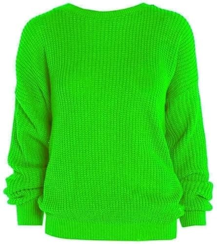 Image of Ladies Chunky Knitted Sweater Pullover for Womens Cosy Baggy Winter Crew Neck Jumper Thick Top Casual Pull On Style Sweater Neon Green 20-22