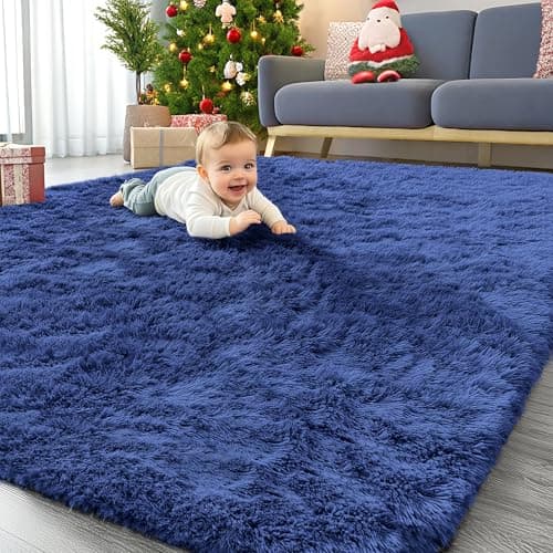 Image of Homaxy Fluffy Shaggy Rugs Living Room, Large Anti Slip Carpet, Machine Washable Soft Thick Pile Bedside Rug for Kids Bedroom, Nursery - Navy Blue, 120 x 160 cm