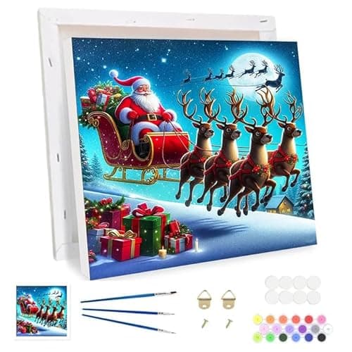 Image of Bowetile Christmas Framed Paint by Numbers for Adults, Santa and Reindeer Painting by Numbers Kit for Adults Beginners Canvas Kit, DIY Color Oil Painting Acrylic Paints for Home Wall Decor 30x30cm