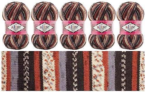 Image of Alize Sock Yarn 5x100g Superwash Comfort Socks Wool 420 m Batik Self-Patterning Multicolour Yarn for Knitting and Crochet Sweater Vest Cardigan Blouse Scarve Hat Beanie Bootie Mitten Beret (7840)