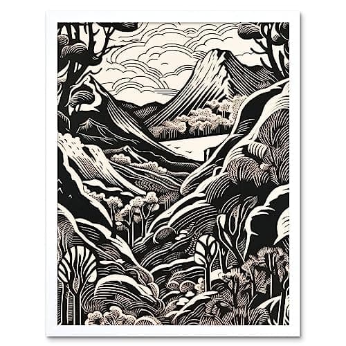 Image of Artery8 Forest Mountain Landscape Black and White Linocut Art Print Framed Poster Wall Decor 12x16 inch