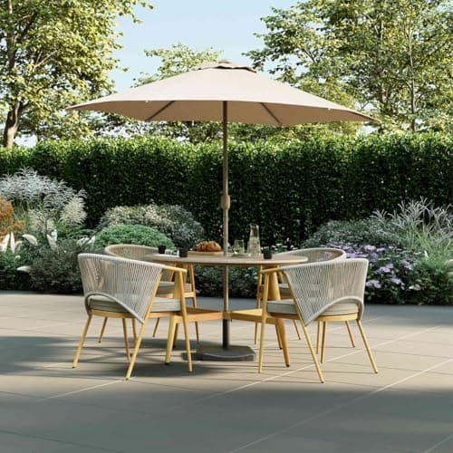 Image of CHARLES BENTLEY 4 Seater Dining Set, Outdoor, Wood Effect, Rope Weave, Dining Set, Weather Resistant, UV Protected, 4 Stackable Chairs, Easy Storage, Light Grey, Wood Effect Frame