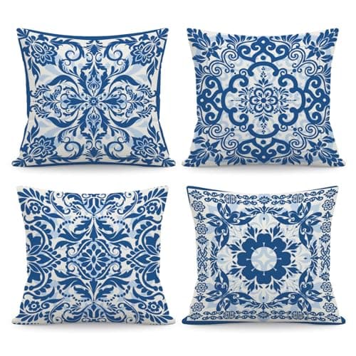Image of NymphFable Blue White Porcelain Cushion Covers Pack of 4, Vintage Velvet Decorative Pillow Covers for Sofa Living Room Bedroom Decor, 45x45cm