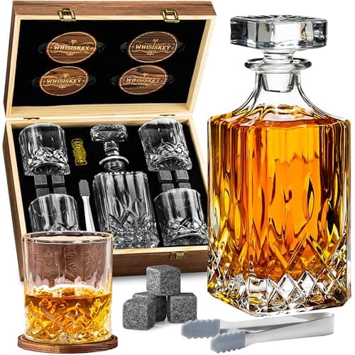 Image of WHISISKEY - Whiskey Decanter Set - 700ML Classic Carafe - Whiskey Gift Sets for Men - Whisky Set - Glass Gifts for Men - Inc. 4 Whiskey Glasses, 8 Whiskey Stones, Accessories