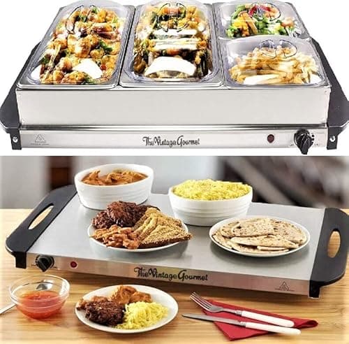 Image of Vintage Gourmet® 4 Tray Food Warmer, All in One Buffet Server with Warming Plate Function, Turkey & Vegetables, Keeps Food Warm, Variable Temperature Control, Cool-Touch Handles Easy Portability 300W