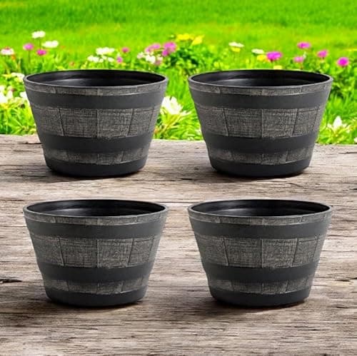 Image of Faboer Set of 4 Wooden Oak-Effect Half Barrel Flower Planters Pot – Stylish & Traditional Wooden Garden Pots for Outdoor Decoration Home Garden