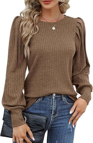 Image of HOTOUCH Tops for Women Puff Sleeves Round Neck Jumper Lightweight Long Sleeve Sweaters Brown XL
