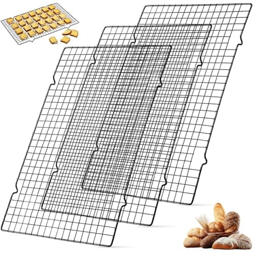 Image of 3Pcs Cake Cooling Rack, 40x25cm Oven Safe Wire Racks Baking Accessories Grill Essentials, Black Non Stick Coated Baking Tray Cookies Drying Shelves for Biscuits Roasting, Meat Grilling, Pizza Cooking