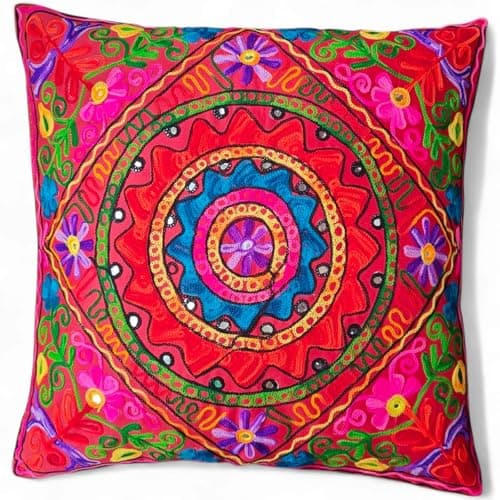 Image of Original Kikan Suzani Multi Colour Floral Embroidery 24" x 24" 60 x 60 cms Indian Ethnic Floor Cushion Cover Sofa Pillow Zipper Vegan (RED)