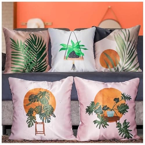 Image of Vendola Decorative Satin 250TC Sofa Cushion Pillow Covers, Multicolor, Set of 5 Floral Cushion Covers(Wall Pot,18x18 Inches)